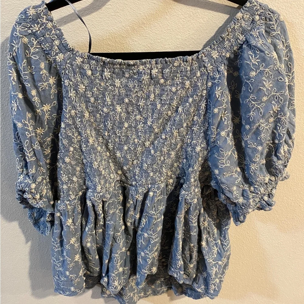 Old Navy Women's Chambray Floral Embroidered Puff Sleeve Babydoll‎ Top Size 2xl